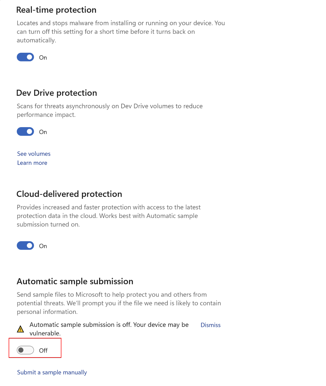 Windows defender settings